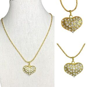 Vintage Y2K Puffy Rhinestone Heart Gold Tone Pendant Necklace